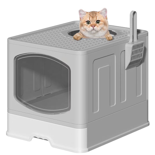 Large Foldable Cat Litter Box with Scoop, Front Entry Top Exit Cat Litter Pan with Lid, Enclosed Anti-Splashing Kitty Litter Box, Drawer Type Cat Litter Easy Cleaning and Scoop, White